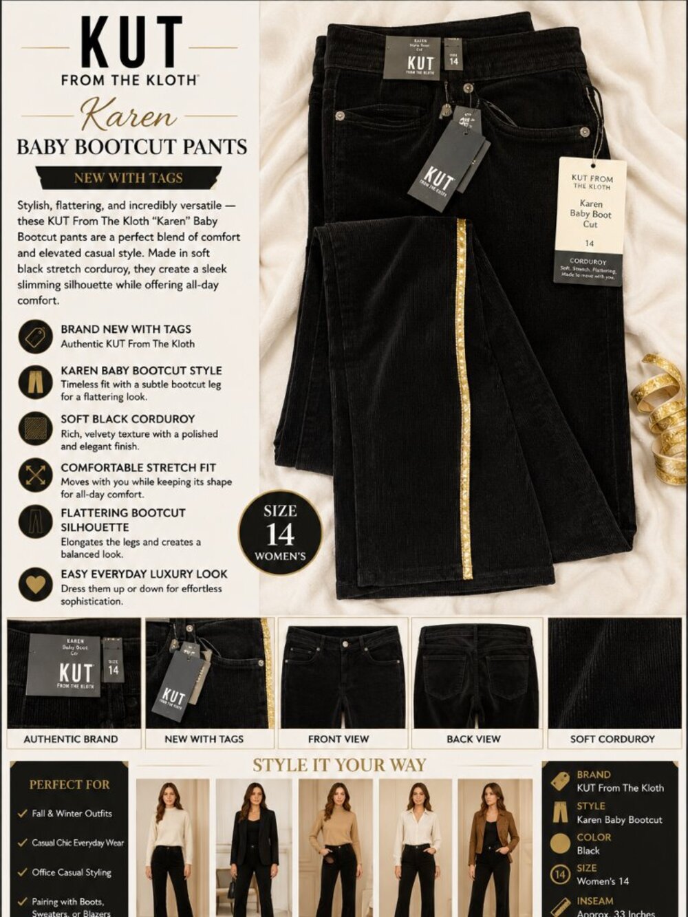 NEW KUT From The Kloth Karen Baby Bootcut Pants Women’s Size 14 Black Corduroy